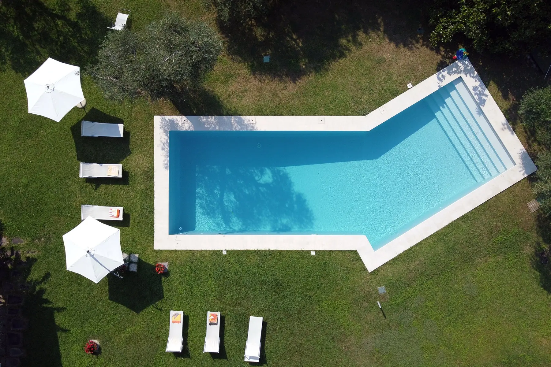 Aerial view of the pool and garden